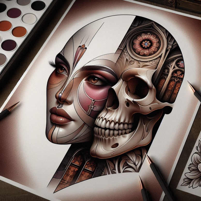 shadowed-face – tattoo design ideas free ai generated – neotraditional-artistic-contrast – for-back-shoulder – Gallery: faces-inkby-ai