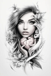 shadowed-face – tattoo design ideas free ai generated – neotraditional-dynamic-color – for-back-of-neck – Gallery: faces-inkby-ai