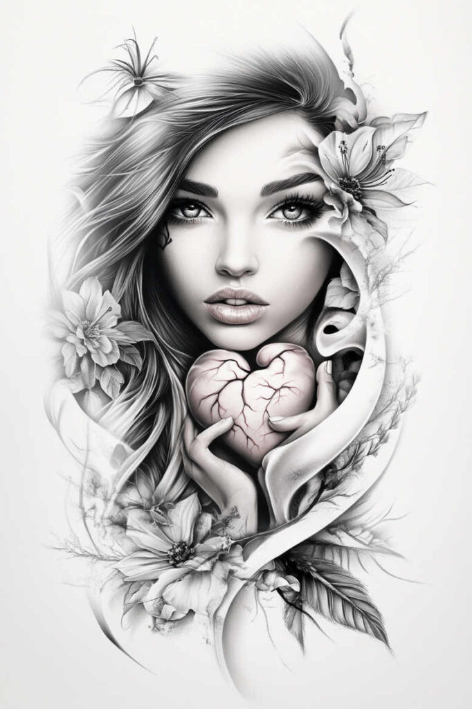 shadowed-face – tattoo design ideas free ai generated – neotraditional-dynamic-color – for-back-of-neck – Gallery: faces-inkby-ai