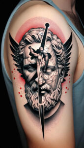 shadowed-face – tattoo design ideas free ai generated – neotraditional-ornamental – for-lower-arm – Gallery: faces-inkby-ai