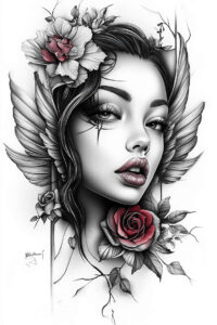 shadowed-face – tattoo design ideas free ai generated – neotraditional-sharp-edges – for-back-of-neck – Gallery: faces-inkby-ai
