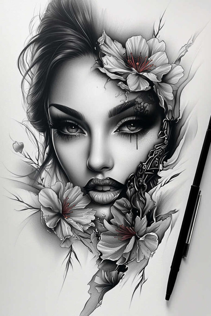 shadowed-face – tattoo design ideas free ai generated – surrealism-esoteric – for-behind-ear – Gallery: faces-inkby-ai