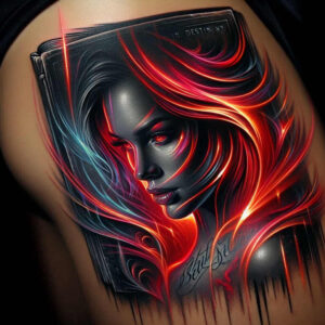 shadowed-visage – tattoo design ideas free ai generated – neotraditional-bold-color – for-behind-ear – Gallery: faces-inkby-ai