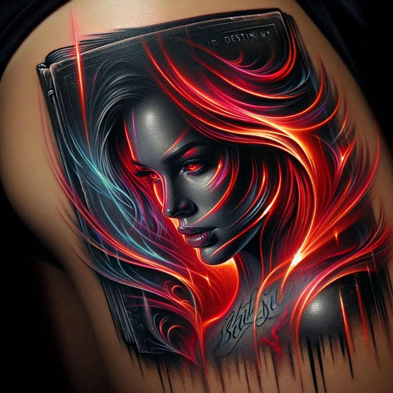 shadowed-visage – tattoo design ideas free ai generated – neotraditional-bold-color – for-behind-ear – Gallery: faces-inkby-ai