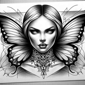 shadowed-visage – tattoo design ideas free ai generated – neotraditional-bold-highlights – for-lower-chest – Gallery: faces-inkby-ai