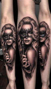 shadowed-visage – tattoo design ideas free ai generated – neotraditional-layered-color – for-spine – Gallery: faces-inkby-ai