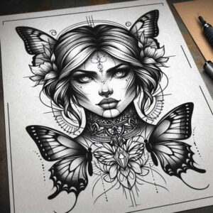 shadowed-visage – tattoo design ideas free ai generated – neotraditional-layered-fill – for-upper-shoulder – Gallery: faces-inkby-ai