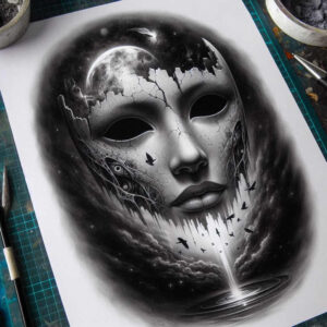 shadowed-visage – tattoo design ideas free ai generated – neotraditional-refined-lines – for-foot – Gallery: faces-inkby-ai