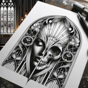 spiritual-face – tattoo design ideas free ai generated – neotraditional-textural-detail – for-shoulder-blade – Gallery: faces-inkby-ai
