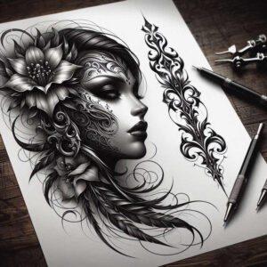 spiritual-face – tattoo design ideas free ai generated – realism-contour-shading – for-lower-chest – Gallery: faces-inkby-ai