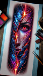 surreal-face – tattoo design ideas free ai generated – neotraditional-vibrant-palette – for-temple – Gallery: faces-inkby-ai