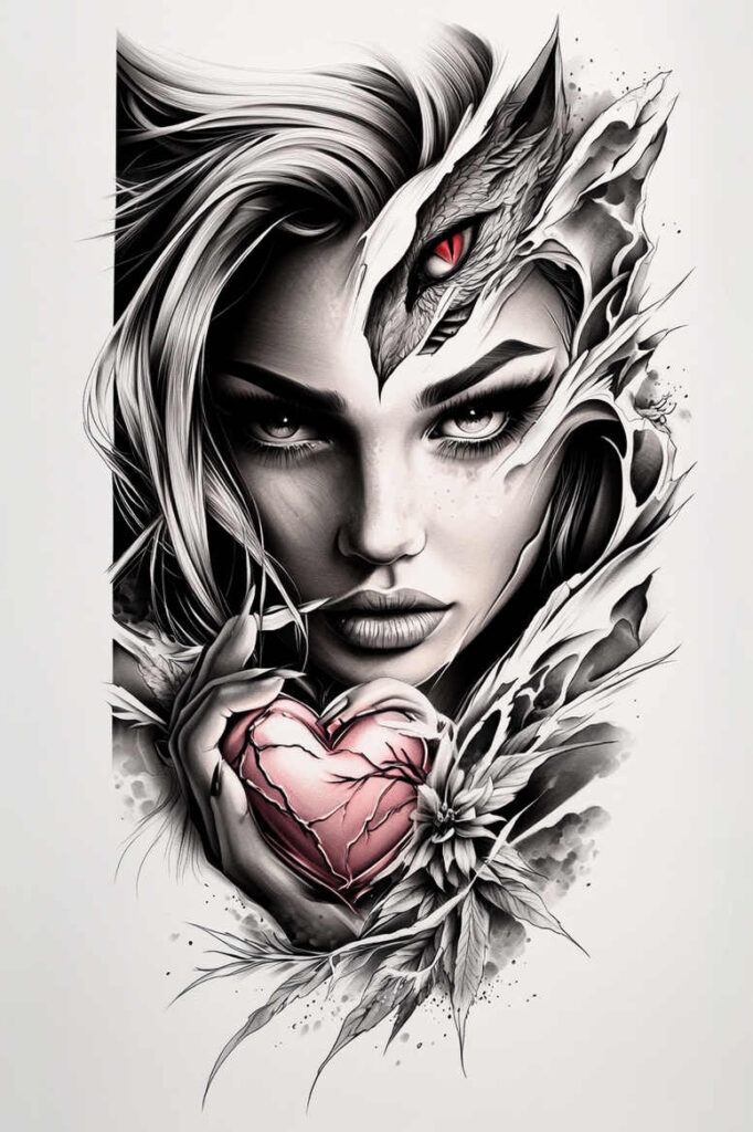 surreal-face – tattoo design ideas free ai generated – realism-smooth-complexion – for-lower-chest – Gallery: faces-inkby-ai