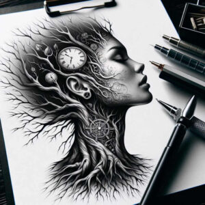 symbolic-face – tattoo design ideas free ai generated – neotraditional-crisp-lines – for-spine – Gallery: faces-inkby-ai