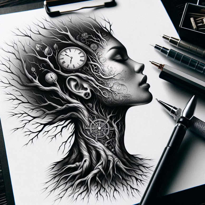 symbolic-face – tattoo design ideas free ai generated – neotraditional-crisp-lines – for-spine – Gallery: faces-inkby-ai