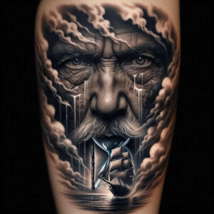 symbolic-face – tattoo design ideas free ai generated – realism-high-contrast – for-elbow – Gallery: faces-inkby-ai