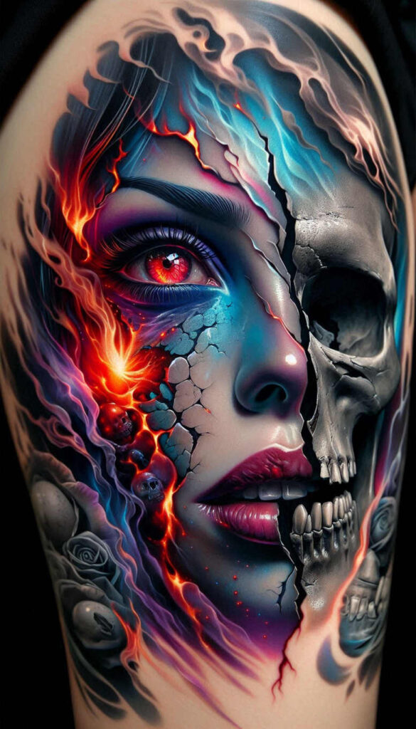Face, skull, flame, crack, rose, and eye in a full-color split tattoo design; blue-teal shading; project idea; cover-up suitable.