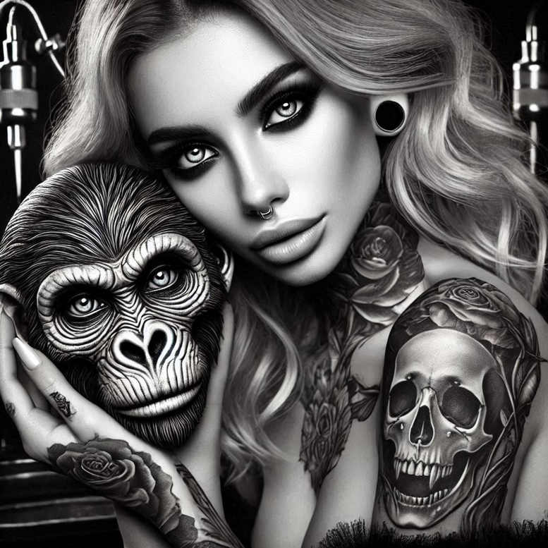Gorilla and skull tattoos on arms with roses in black and grey; pattern-focused project concept; cover-up ready.