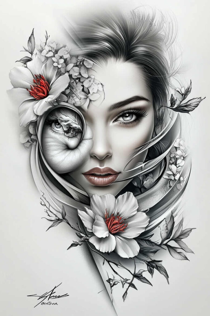 faces tattoo design ideas 3D-rendered bold outlines endurance and power