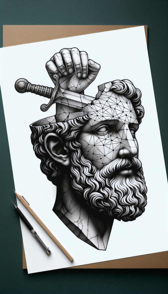 Statue head, sword, pencil, brush, and paper in black and grey; polygon mesh pattern on the face with cracks; tattoo design project and cover-up-ready.