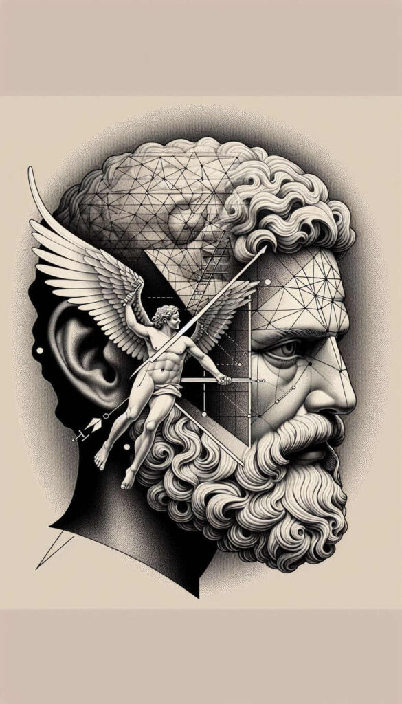 Head silhouette in black and grey with a bearded profile, geometric lines across the skull, and a winged figure overlay holding a spear; AI-generated tattoo project; suitable for a cover-up.