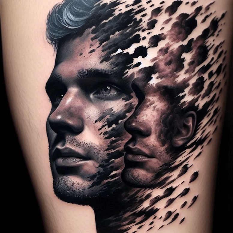 Portrait and splash elements in black and grey with pattern-like brush strokes; tattoo project idea for a cover-up.