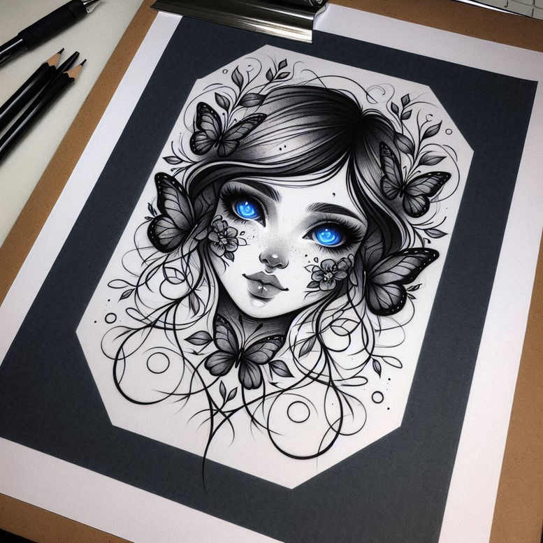 Portrait of a girl's face with blue eyes, butterflies, flowers, and vines in black and grey linework; tattoo design idea; not primarily a cover-up.