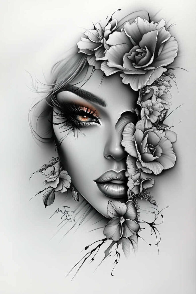faces tattoo design ideas Surrealism psychological depth detailed texture represents resilience