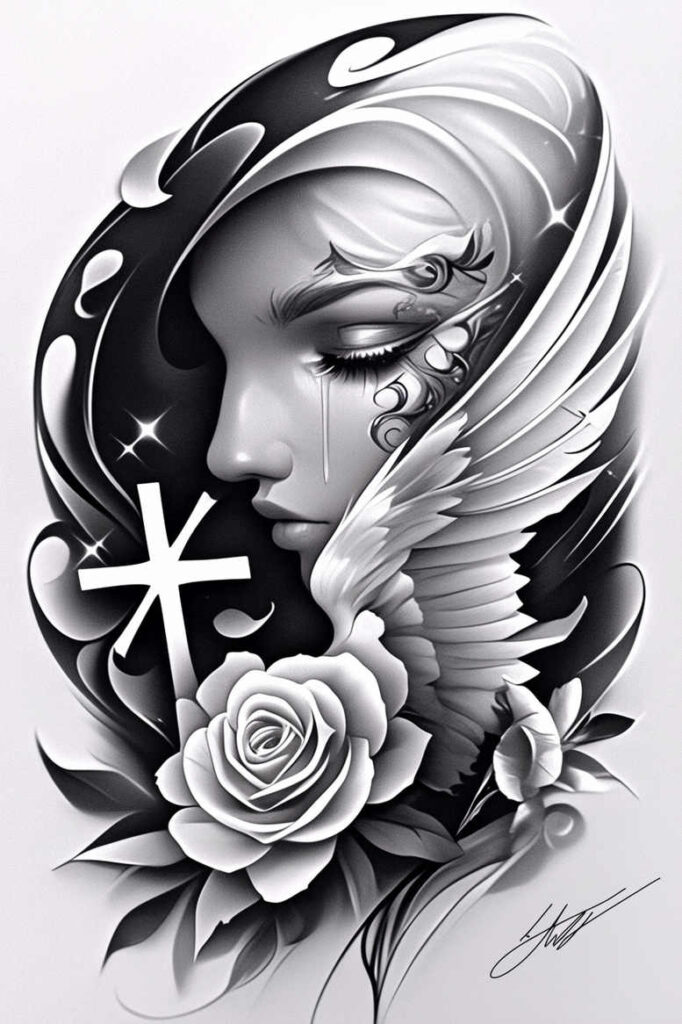 Grayscale tattoo design featuring a woman's face, wing, cross, roses, and leaves in black and grey; AI-generated tattoo project; cover-up ready.
