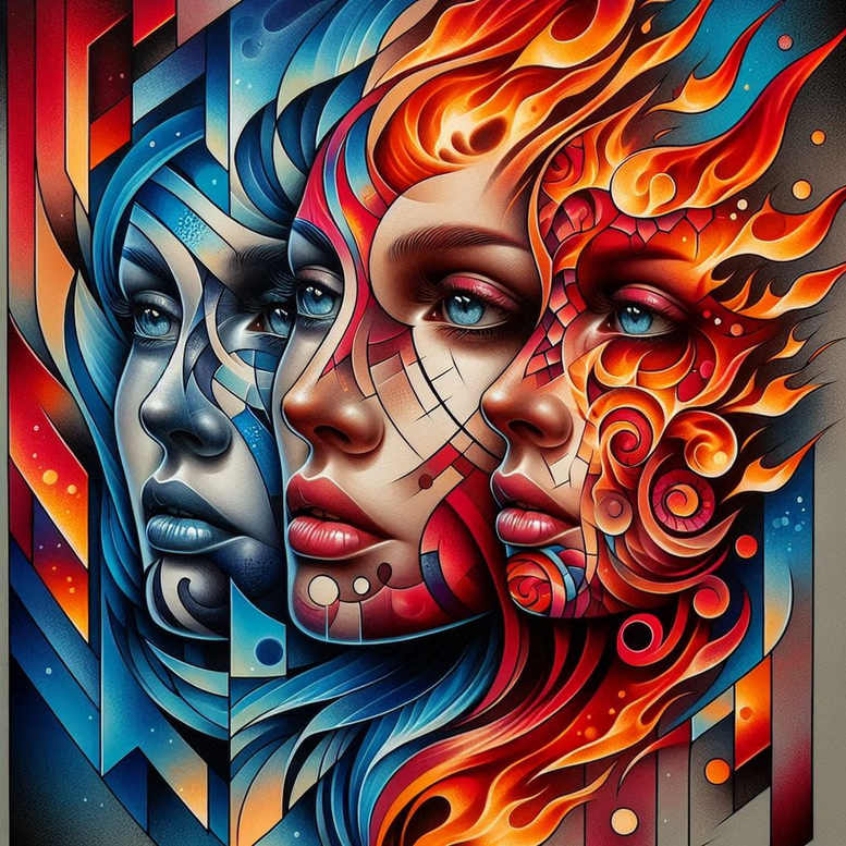Three faces in blue, red, and orange flames with geometric patterns; full color; tattoo project; pattern-rich; not specifically a cover-up.