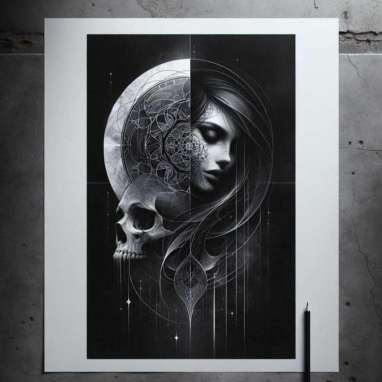 Skull and woman's face in black and grey with mandala geometry, hair strands, and star accents; tattoo project idea; suitable for cover-up.