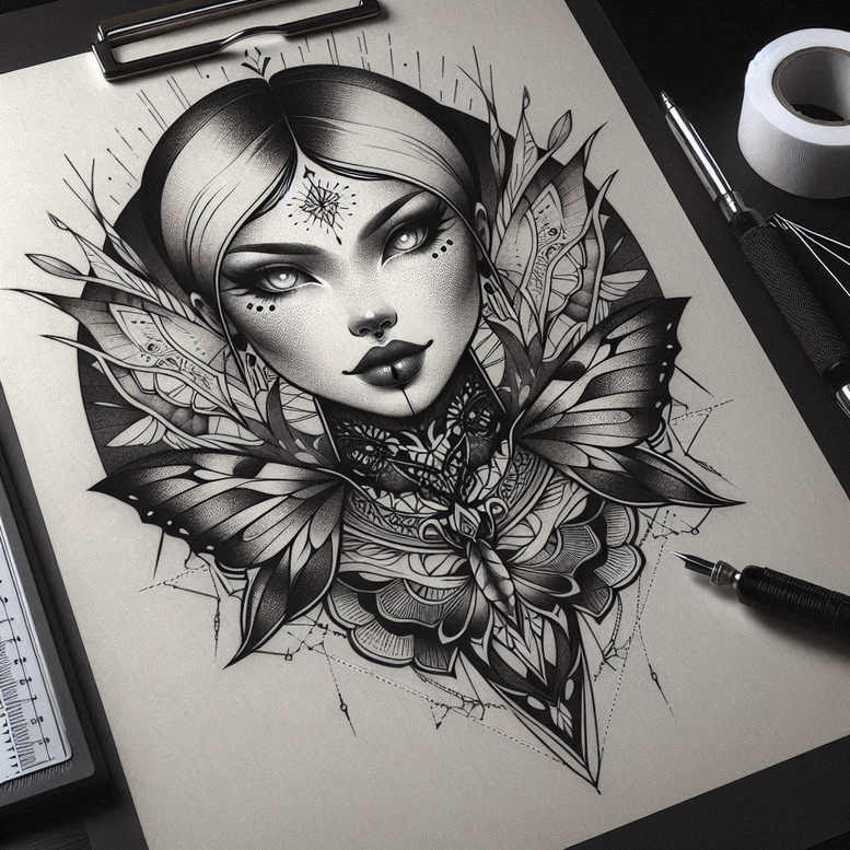 Woman's face in black and grey, surrounded by butterfly wings and ornate floral pattern on white paper; visible objects include ruler, pen, tape roll, and clipboard clip; AI-generated tattoo project; suitable for cover-up.