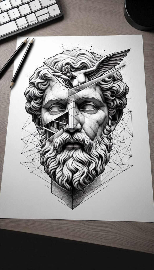 Black and grey geometric bust tattoo concept with a winged figure atop the head on white paper; visible pencil, keyboard, and sheet in the scene; project idea; not a cover-up.