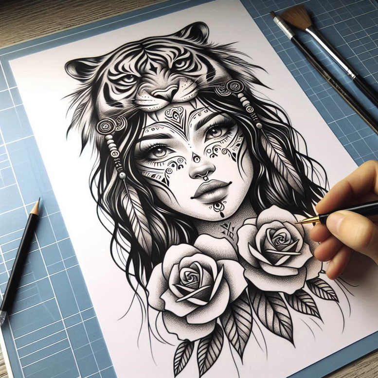 Black and grey tattoo design: tiger headdress above a woman's face with ornate facial patterns and two roses; project concept; suitable for a cover-up.