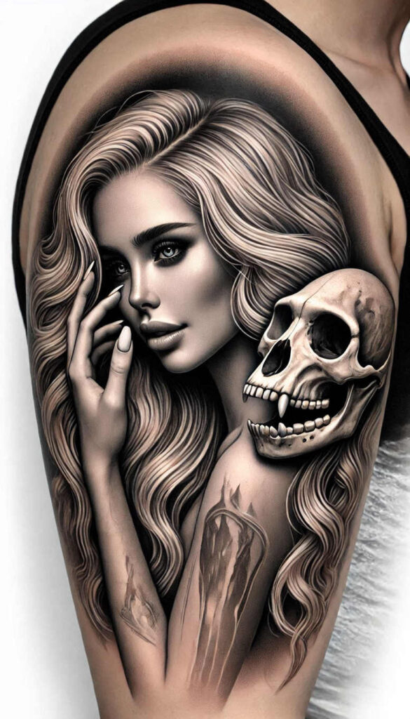 Black and grey tattoo: woman portrait with long flowing hair, skull on the shoulder, and a visible hand with nails; project idea; suitable for cover-up.