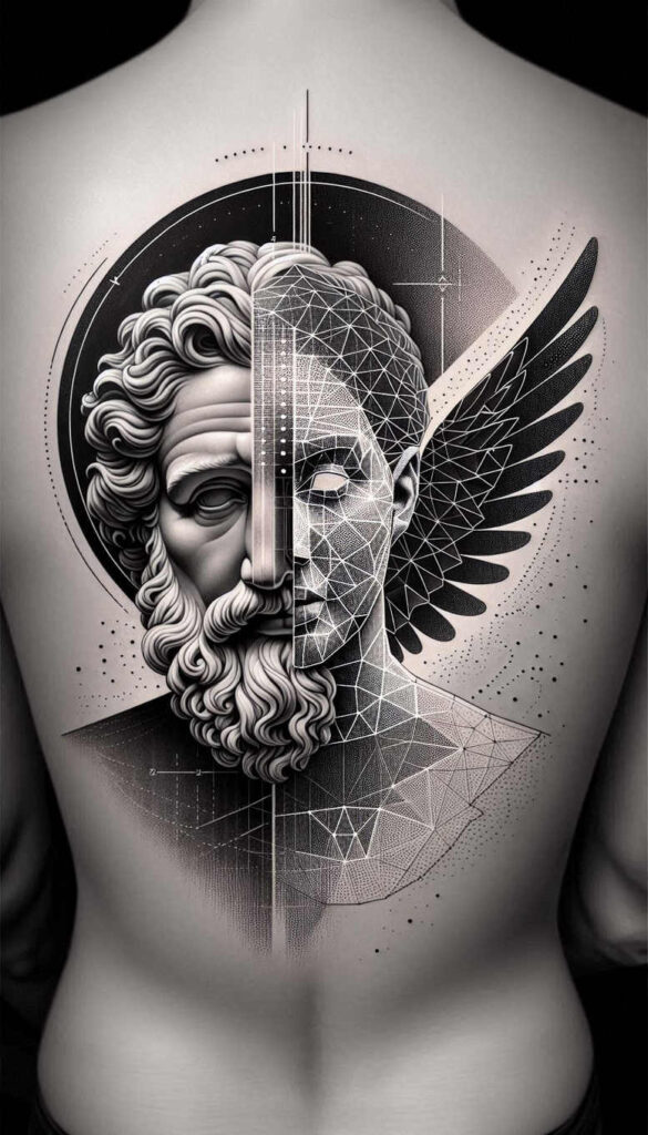 Back tattoo in black and grey with a classical bust on the left and a geometric winged head on the right; AI-generated tattoo project, cover-up friendly.