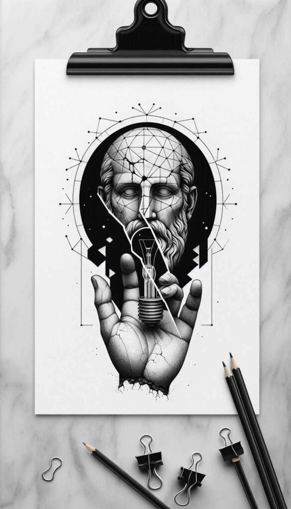 Hand and light bulb foreground with cracked texture; bust head in circle behind, geometric network around; black and grey cover-up-ready AI-generated tattoo project.