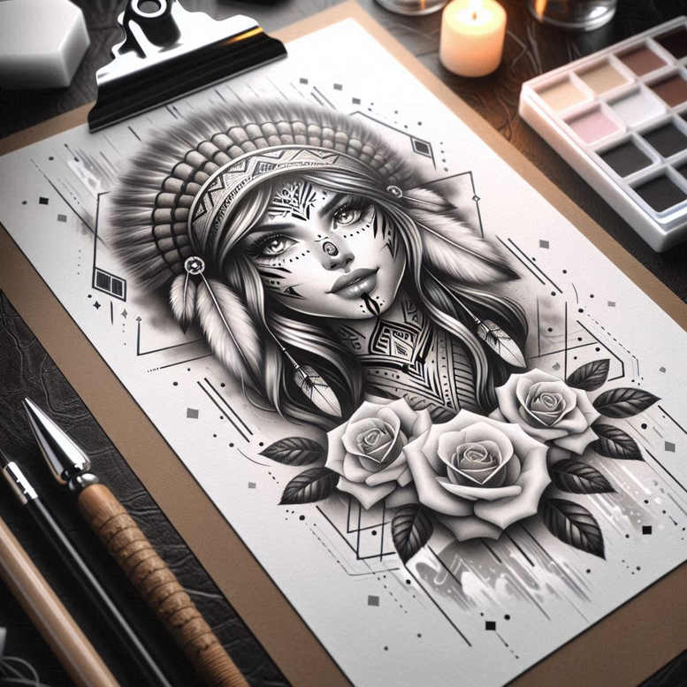 Portrait of a woman wearing a Native American headdress with feathers and roses in black and grey; AI-generated tattoo project idea; not suitable for cover-up.