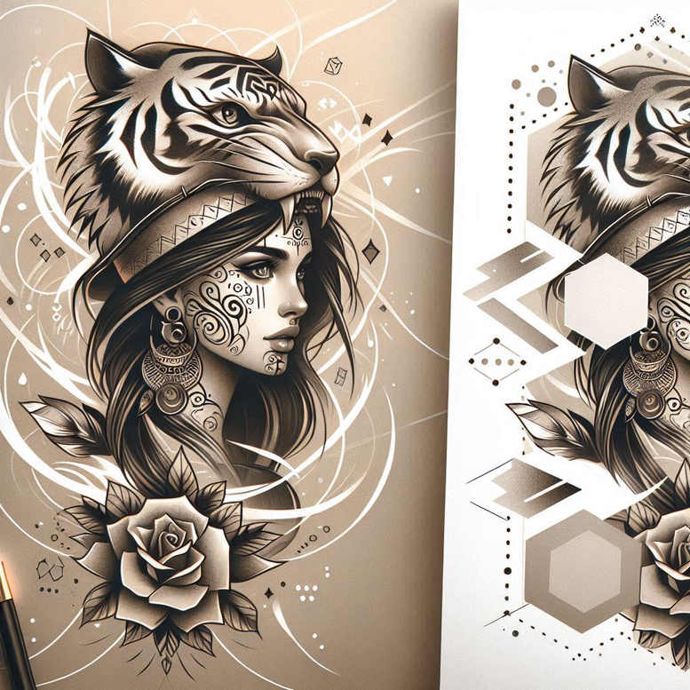 Black and grey tattoo design showing a tiger head above a woman's portrait with geometric patterns, rose and leaves; earring visible; project idea; not specifically for cover-up.