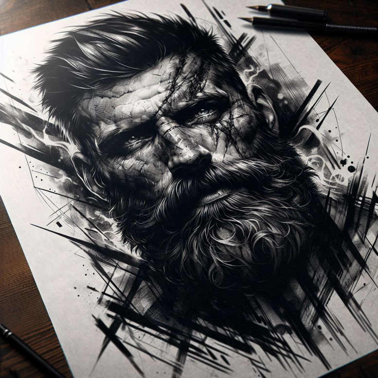 Bearded male portrait in black and grey ink with fractured lines on paper; visible elements: beard, hair, face, pencil, pen; AI-generated tattoo project; ideal for a cover-up.