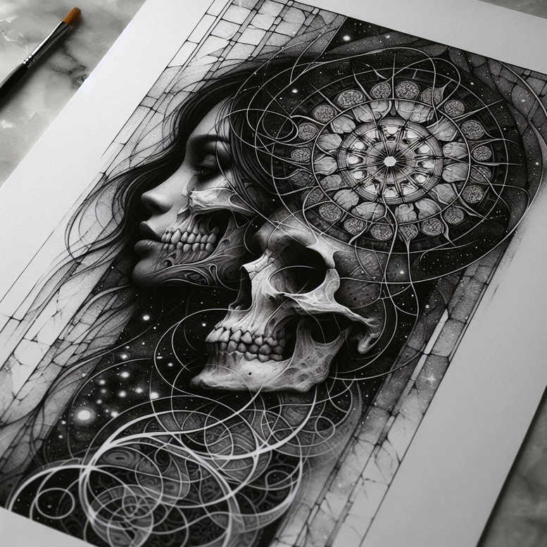 Face profile and skull in black and grey with mandala circles; AI-generated tattoo project, cover-up suitable.