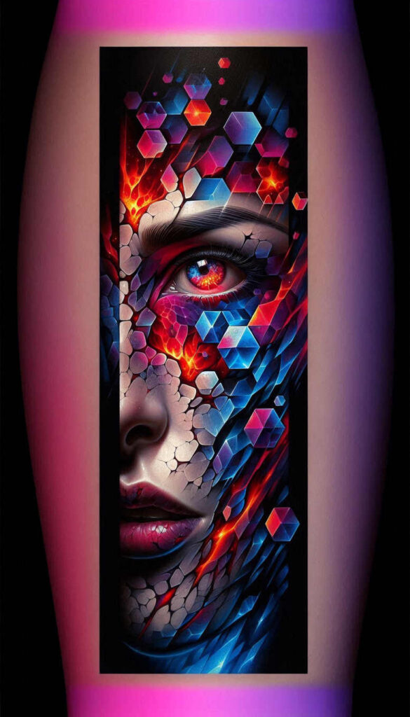 Color tattoo showing an eye and lips on a face with cracked mosaic skin, blue and red hexagons and fire accents; full color, project idea, cover-up suitable.