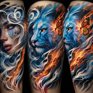 tattoo-face – tattoo design ideas free ai generated – surrealism-dynamic-shapes – for-lower-leg – Gallery: faces-inkby-ai