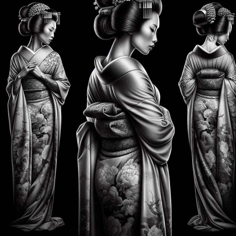 artistic-geisha – tattoo design ideas free ai generated – neotraditional-rich-blacks – for-lower-chest – Gallery: geisha-inkby-ai