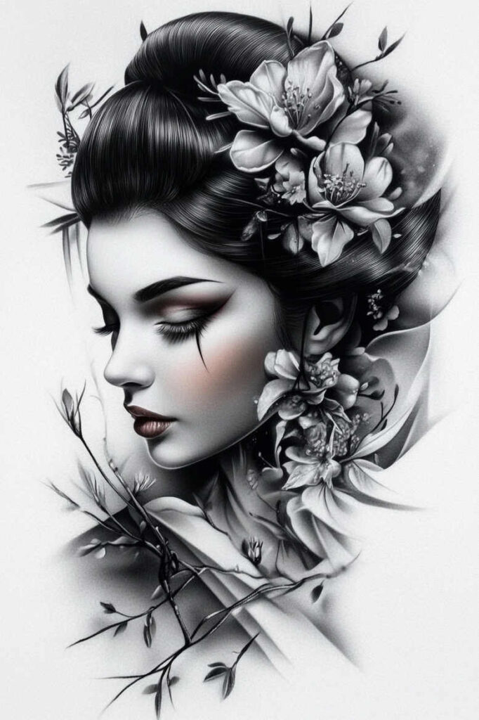 artistic-geisha – tattoo design ideas free ai generated – realism-organic-structure – for-palm – Gallery: geisha-inkby-ai