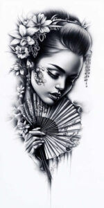 artistic-geisha – tattoo design ideas free ai generated – surrealism-fragmentation – for-palm – Gallery: geisha-inkby-ai