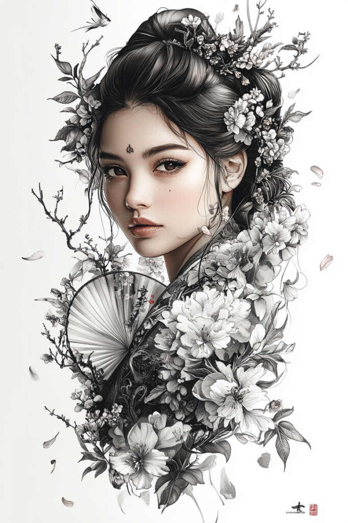artistic-geisha – tattoo design ideas free ai generated – surrealism-illusionary – for-ankle – Gallery: geisha-inkby-ai