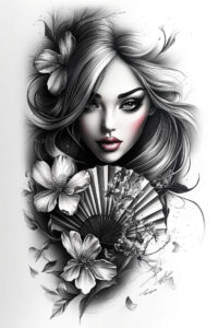 artistic-geisha – tattoo design ideas free ai generated – surrealism-psychedelic – for-knee – Gallery: geisha-inkby-ai