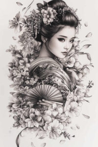 beauty-and-tradition – tattoo design ideas free ai generated – surrealism-juxtaposition – for-knee – Gallery: geisha-inkby-ai