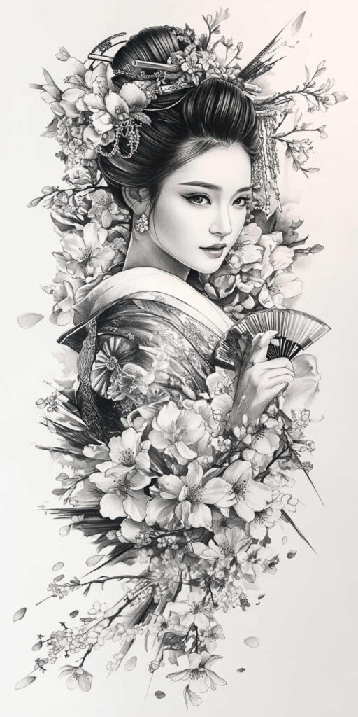 beauty-geisha – tattoo design ideas free ai generated – realism-mirrored-effect – for-sternum – Gallery: geisha-inkby-ai