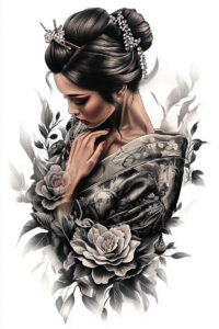 cultural-tattoo – tattoo design ideas free ai generated – surrealism-juxtaposition – for-shin – Gallery: geisha-inkby-ai